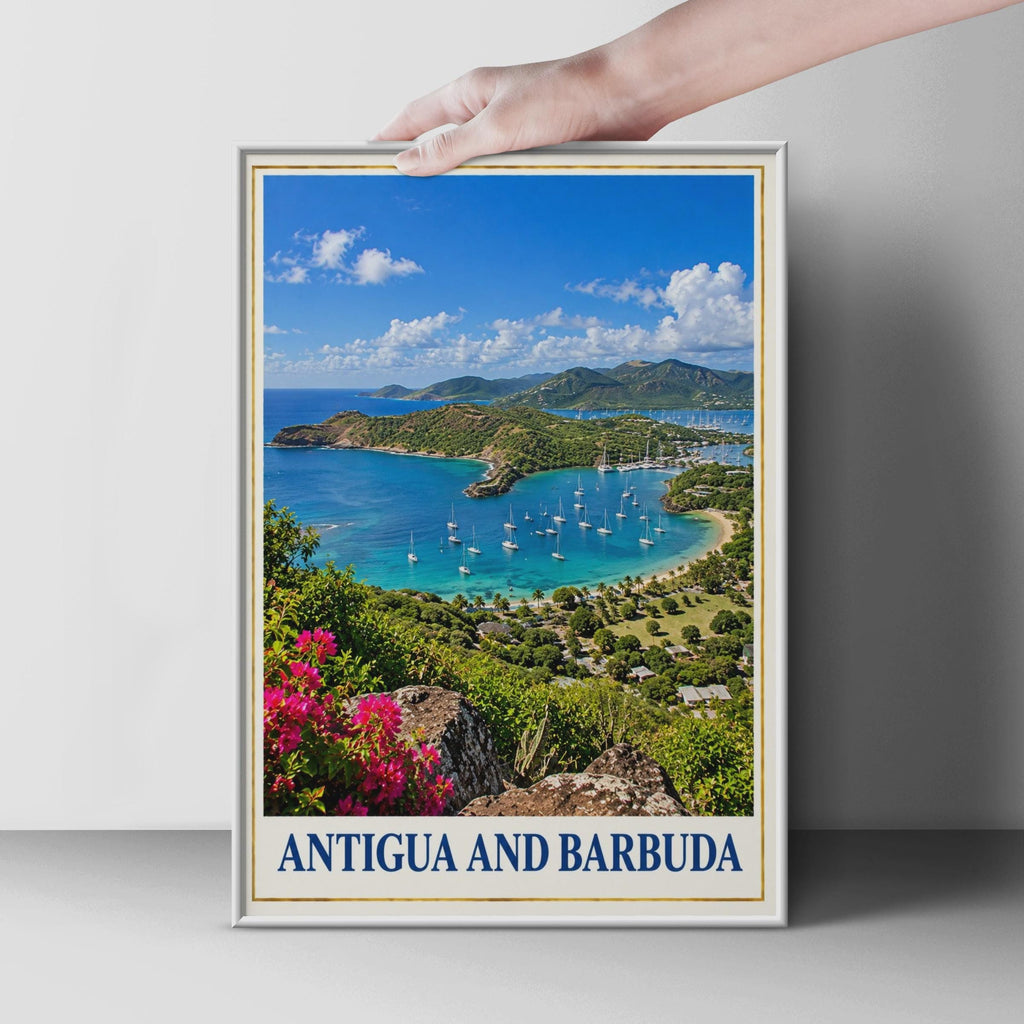 Antigua Barbuda Travel Poster, English Harbour Sailboats, Tropical Beach Art