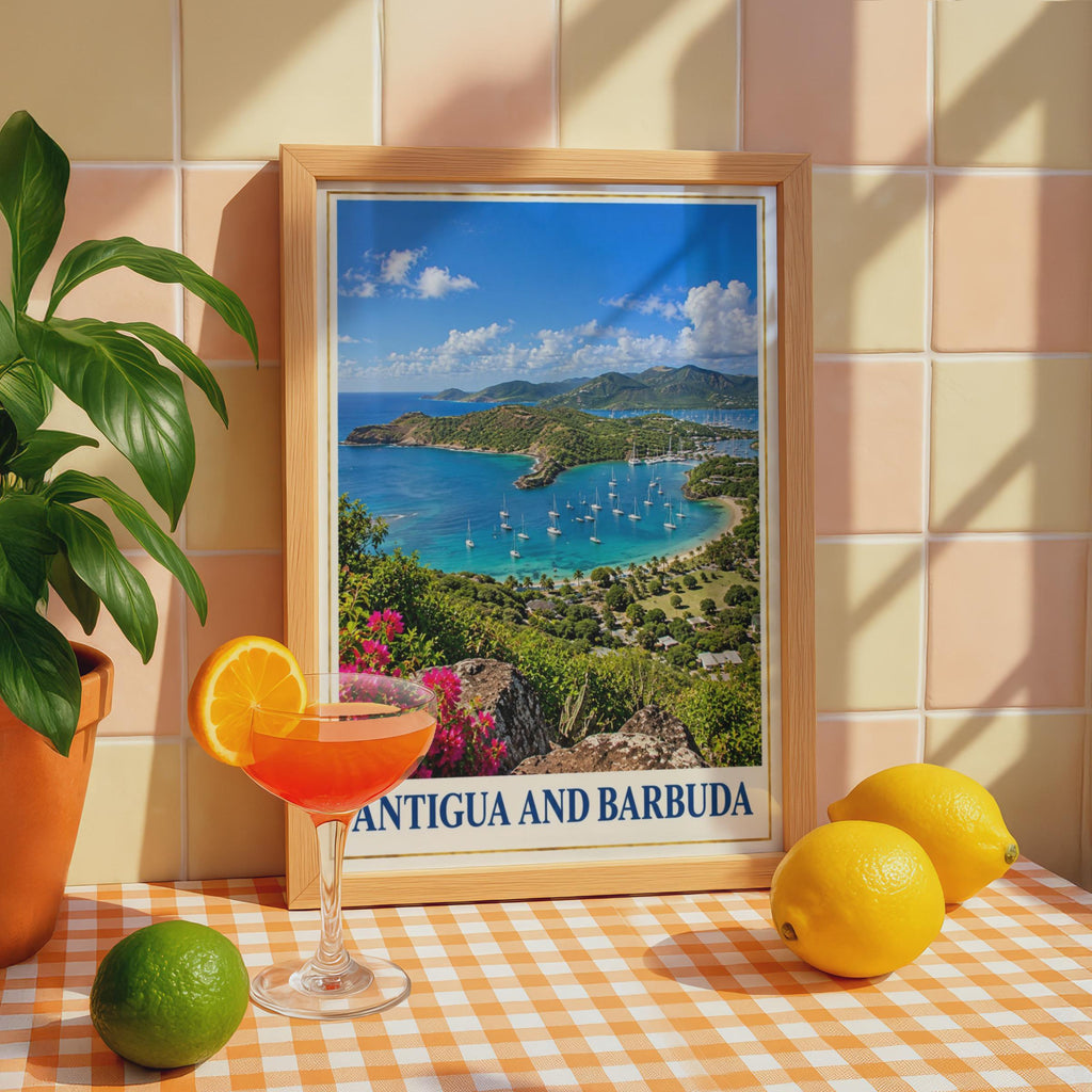 Antigua Barbuda Travel Poster, English Harbour Sailboats, Tropical Beach Art