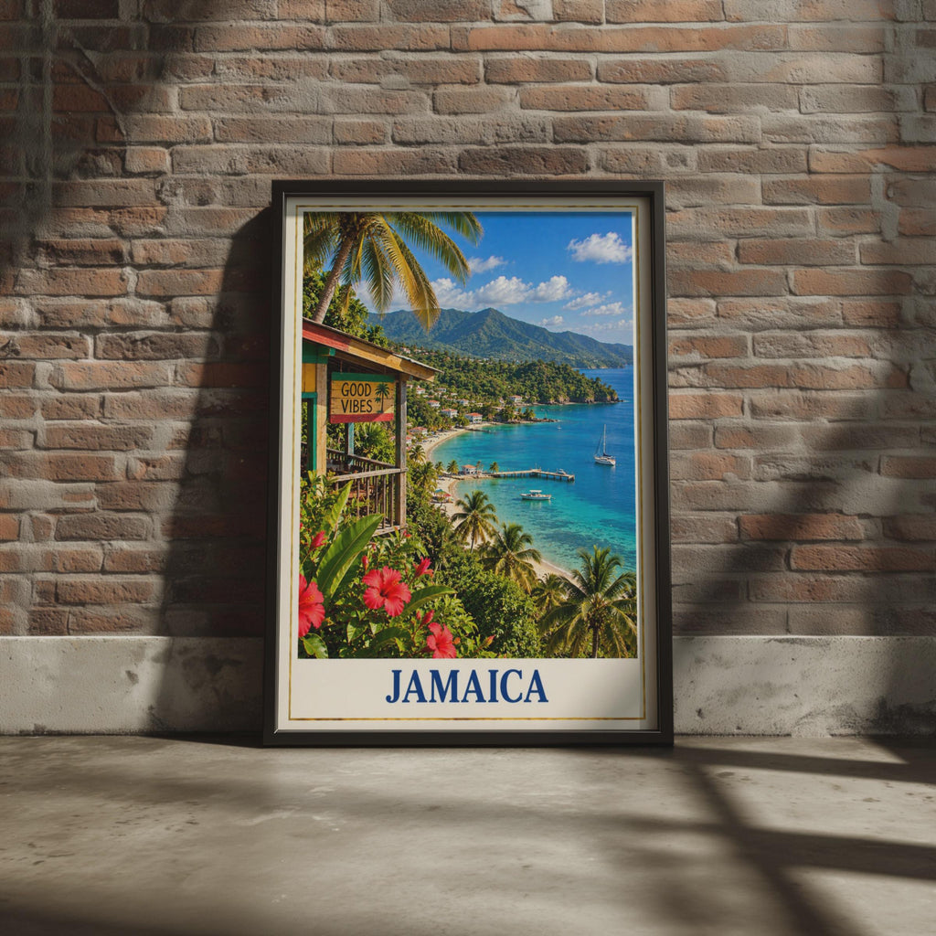 Jamaica Travel Poster, Good Vibes Caribbean Beach Wall Art, Tropical Island Print (Physical Print)