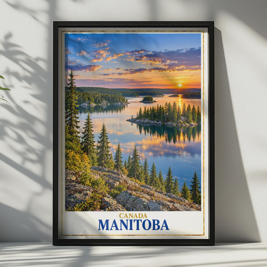 Manitoba Canada Travel Poster, Lake Sunset Wilderness Print, Boreal Forest Landscape (Physical Print)