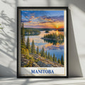 Manitoba Canada Travel Poster, Lake Sunset Wilderness Print, Boreal Forest Landscape (Physical Print)
