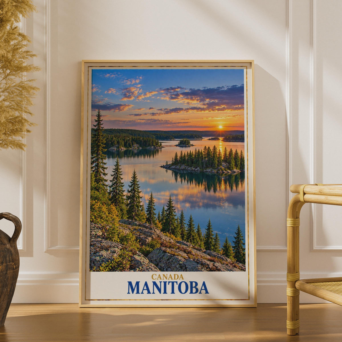 Manitoba Canada Travel Poster, Lake Sunset Wilderness Print, Boreal Forest Landscape (Physical Print)