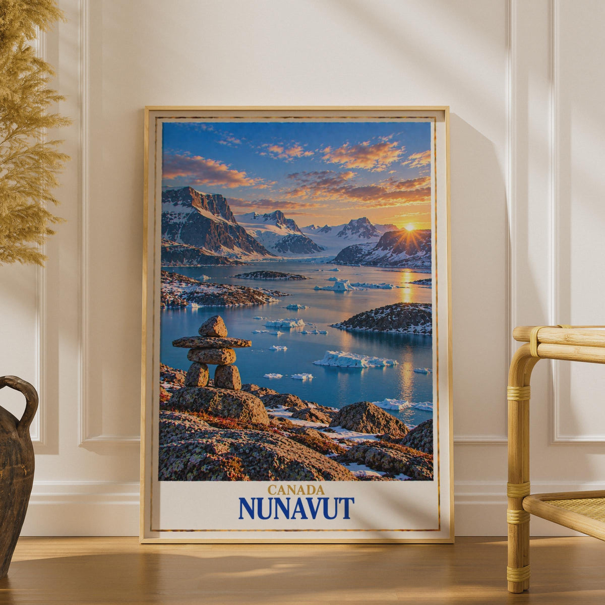 Nunavut Arctic Landscape Poster, Inukshuk Iceberg Sunset Print, Canadian Wilderness Wall Art
