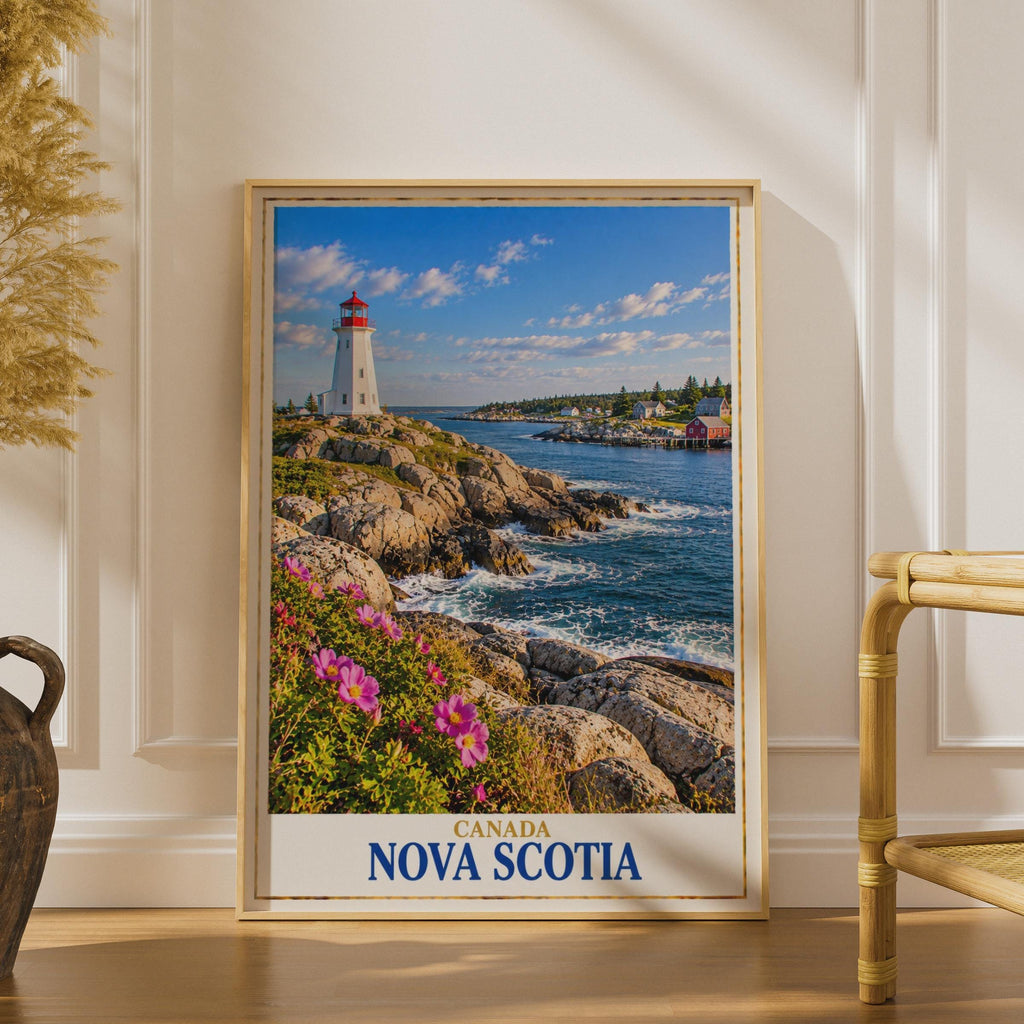 Nova Scotia Lighthouse Coastal Print, Rocky Coastline, Fishing Village (Physical Poster)