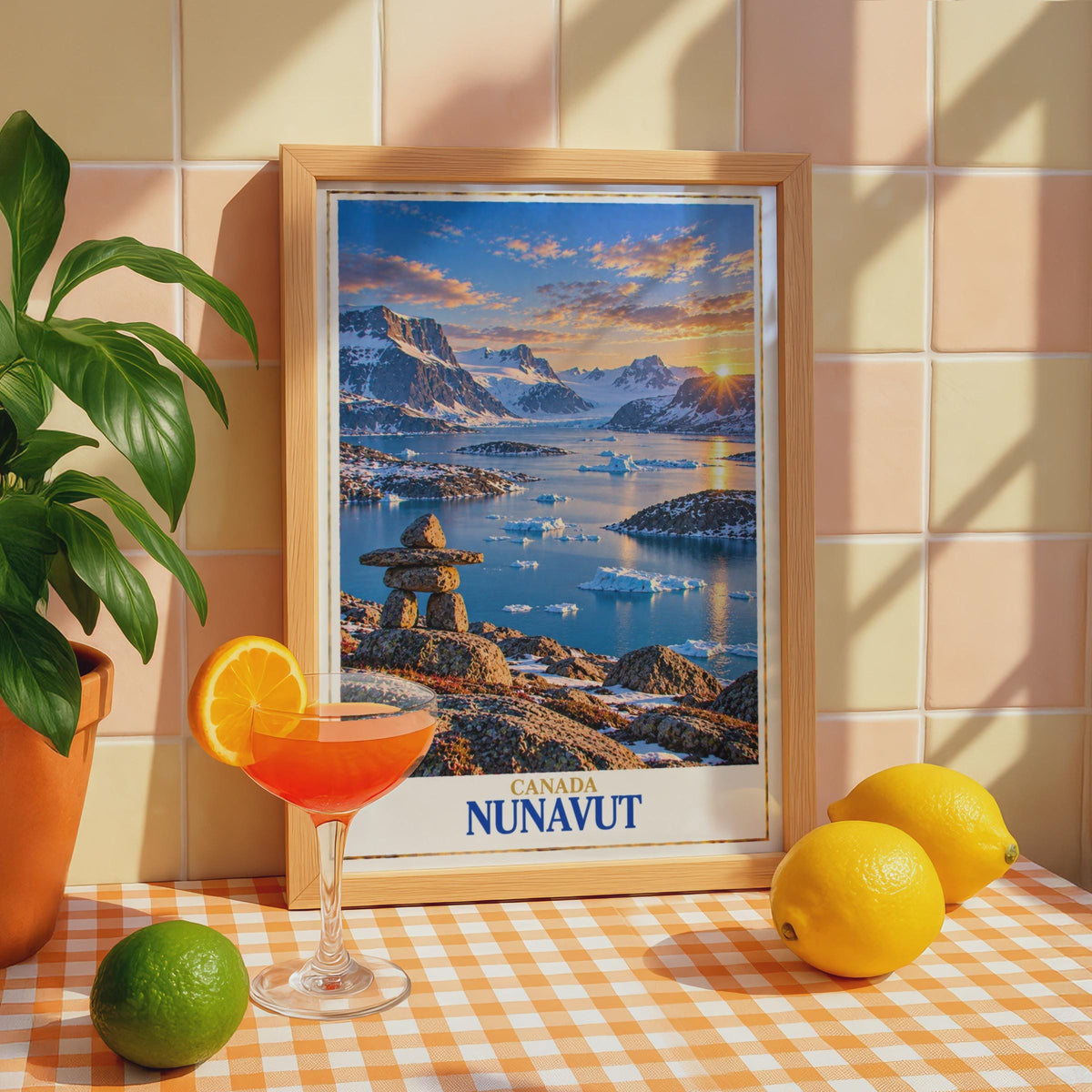 Nunavut Arctic Landscape Poster, Inukshuk Iceberg Sunset Print, Canadian Wilderness Wall Art