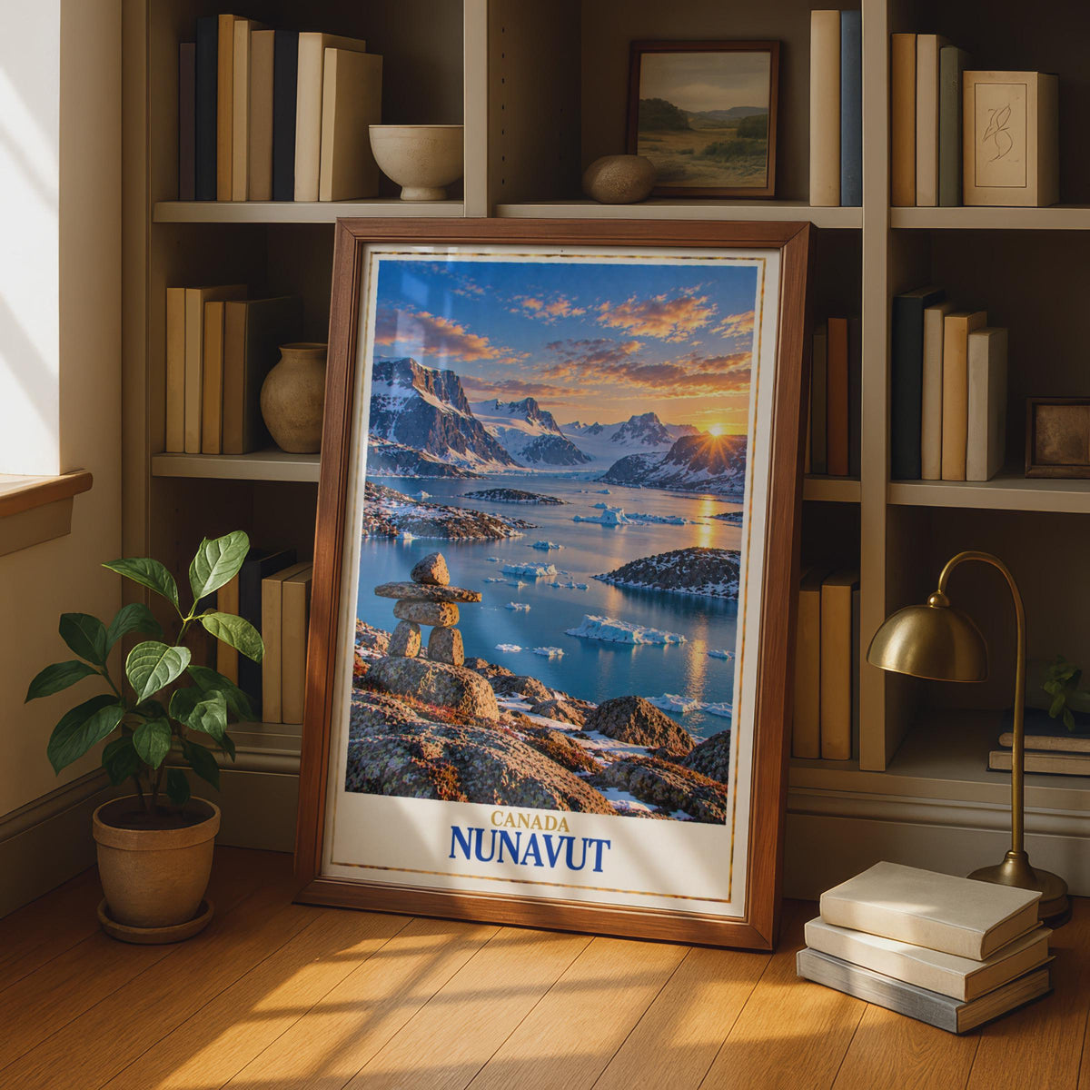 Nunavut Arctic Landscape Poster, Inukshuk Iceberg Sunset Print, Canadian Wilderness Wall Art