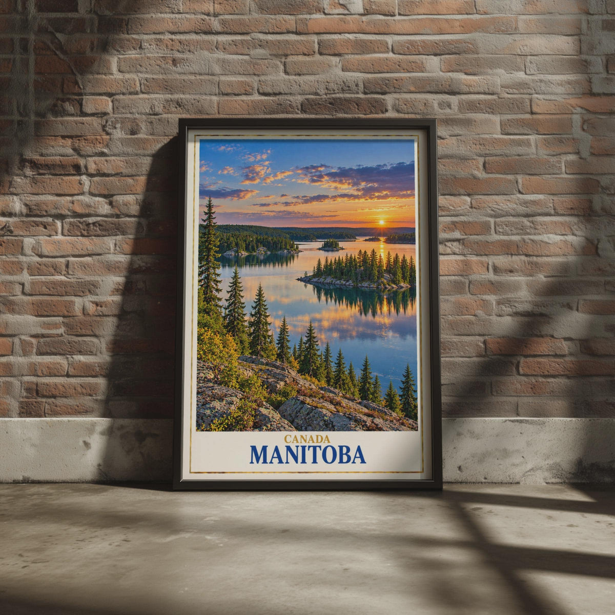 Manitoba Canada Travel Poster, Lake Sunset Wilderness Print, Boreal Forest Landscape (Physical Print)