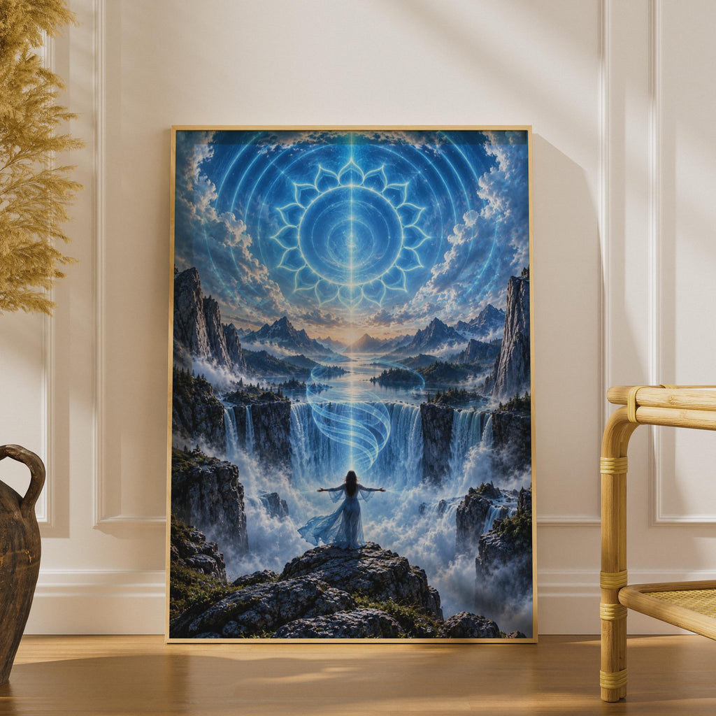 Vishuddha Chakra Waterfall Poster – Mystical Woman, Sacred Geometry, Meditation Art