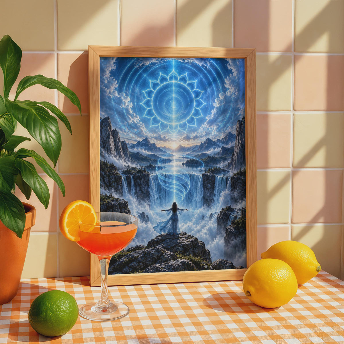 Vishuddha Chakra Waterfall Poster – Mystical Woman, Sacred Geometry, Meditation Art