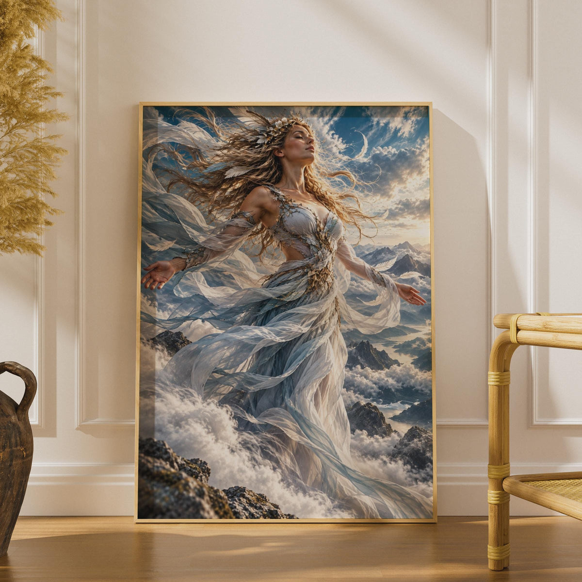 Ethereal Sky Goddess Poster, Fantasy Mountain Clouds Art, Celestial Feminine Decor