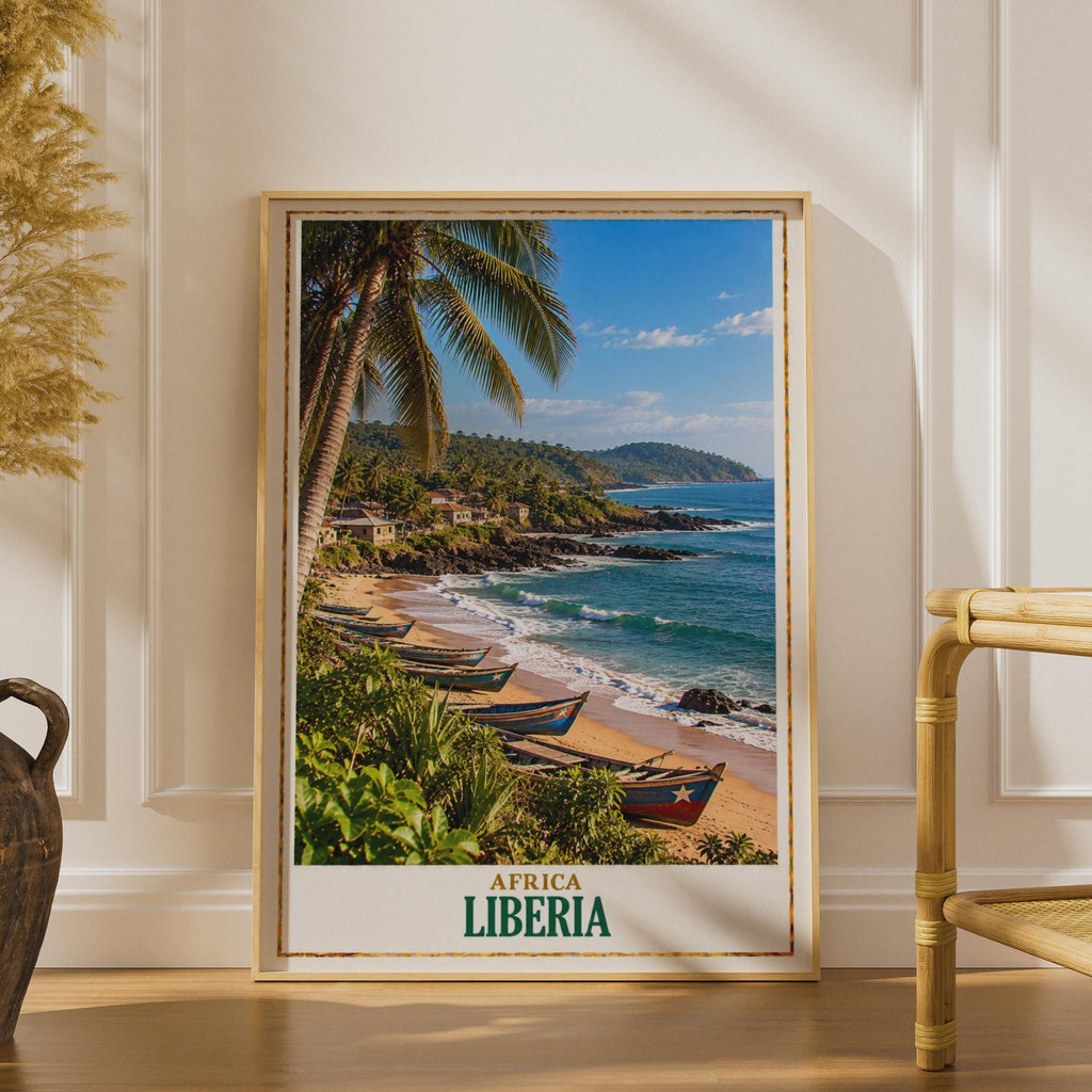 Liberia West Africa Travel Poster, Tropical Coastal Wall Art, Fishing Boats, Palm Trees Painting