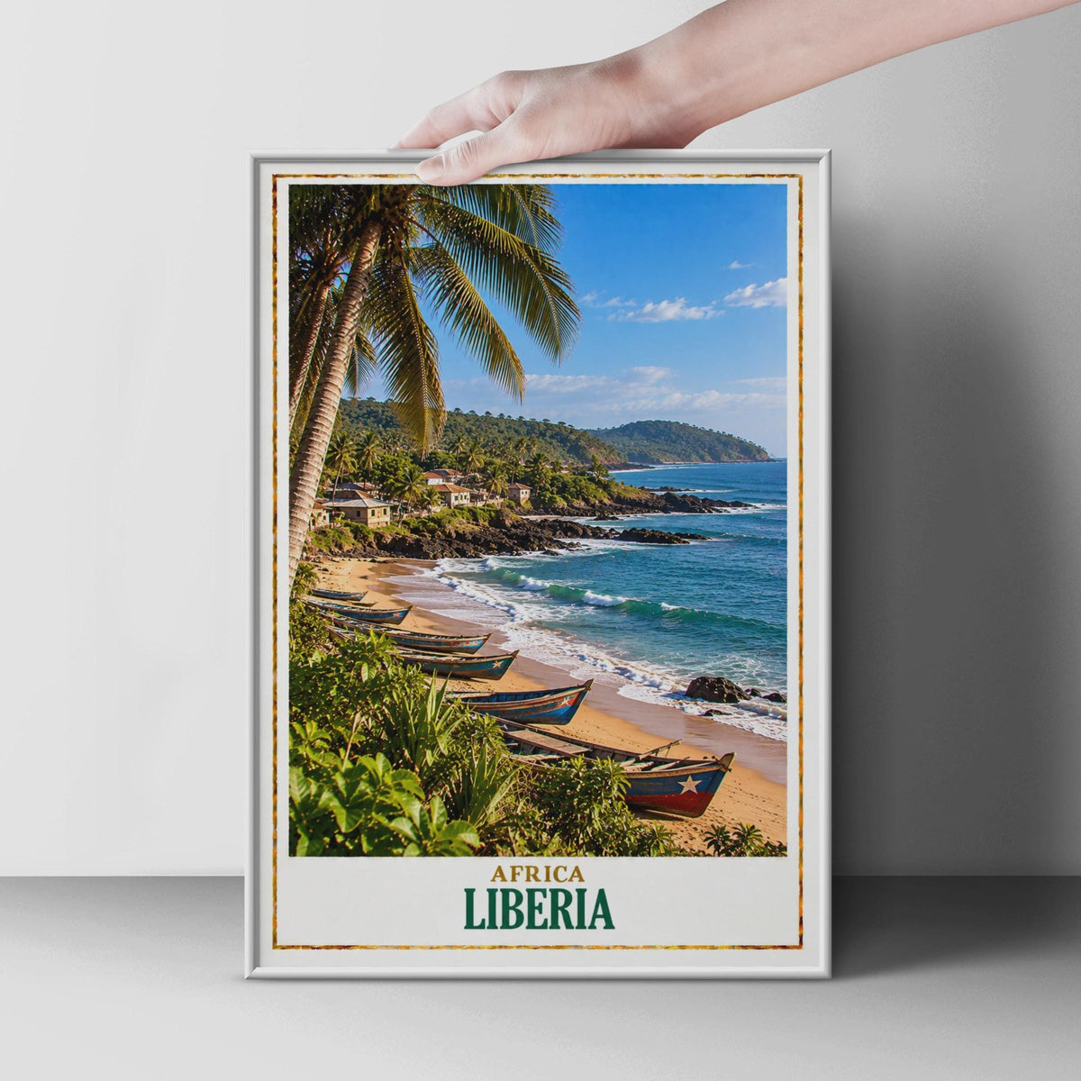 Liberia West Africa Travel Poster, Tropical Coastal Wall Art, Fishing Boats, Palm Trees Painting