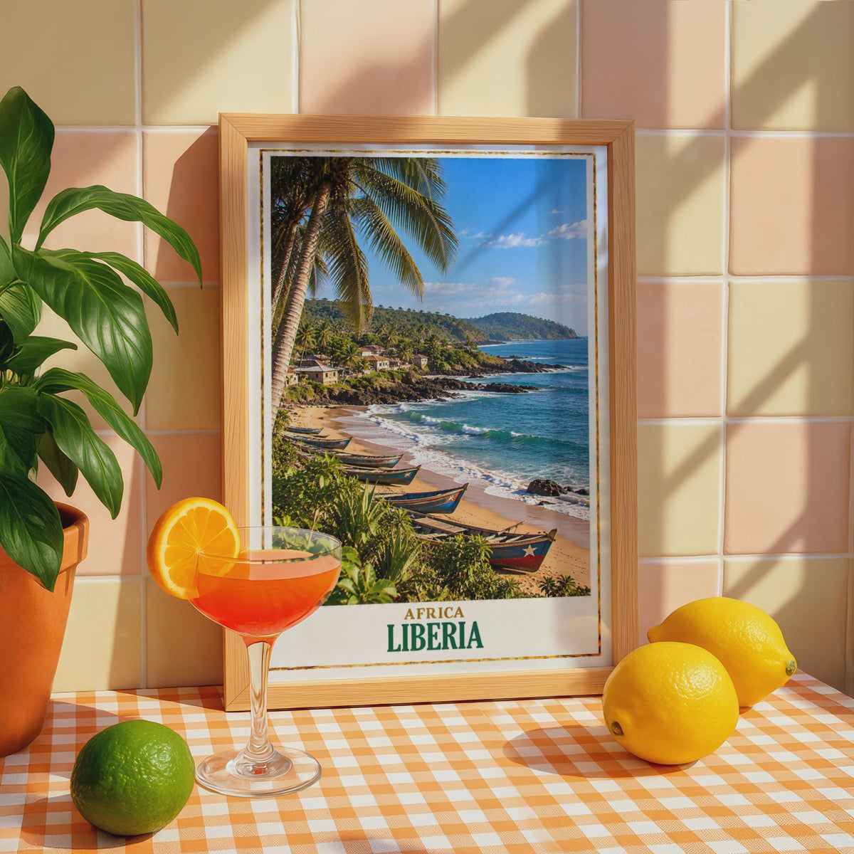 Liberia West Africa Travel Poster, Tropical Coastal Wall Art, Fishing Boats, Palm Trees Painting