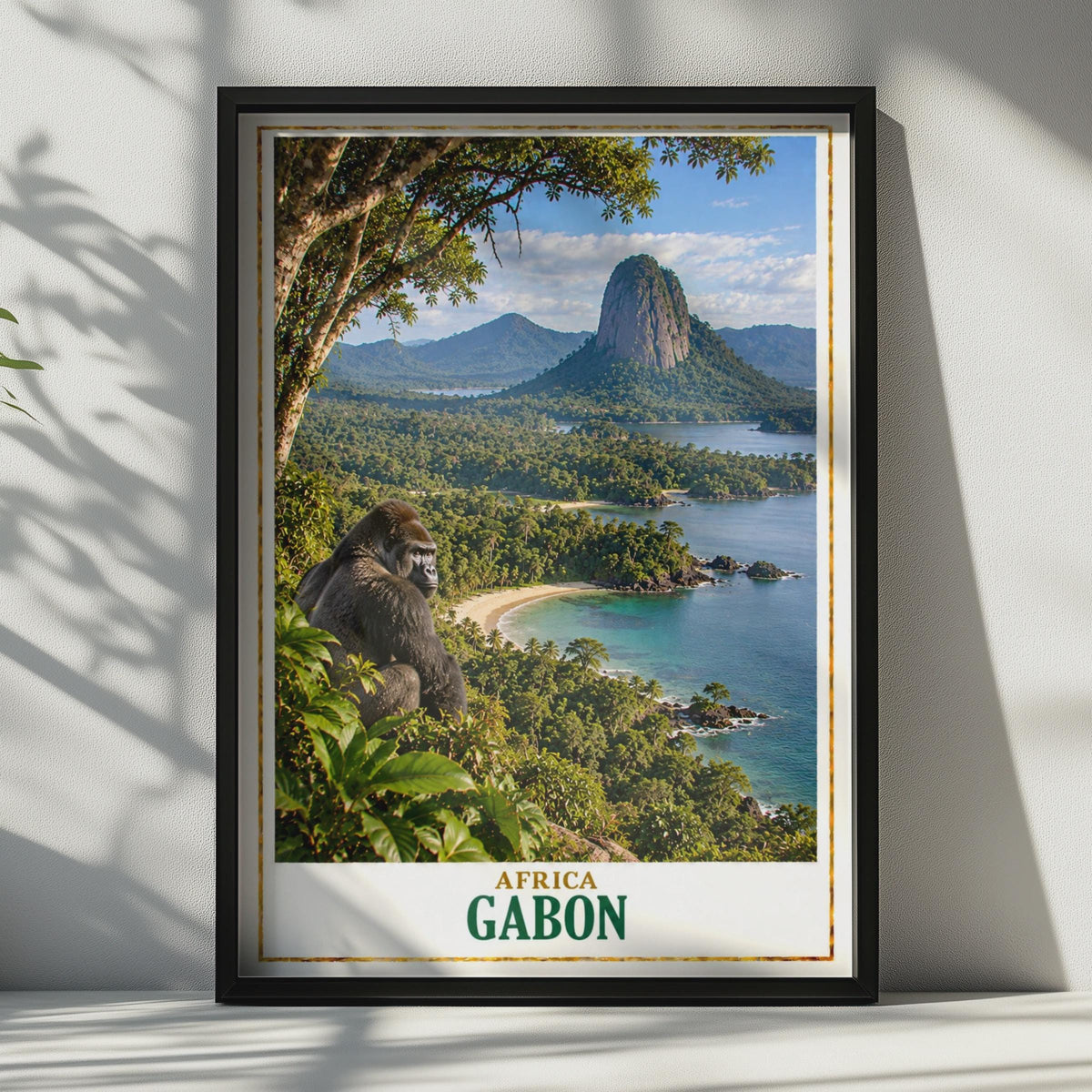 Gabon Travel Poster, Gorilla Rainforest Coastal Print, African Wildlife Decor