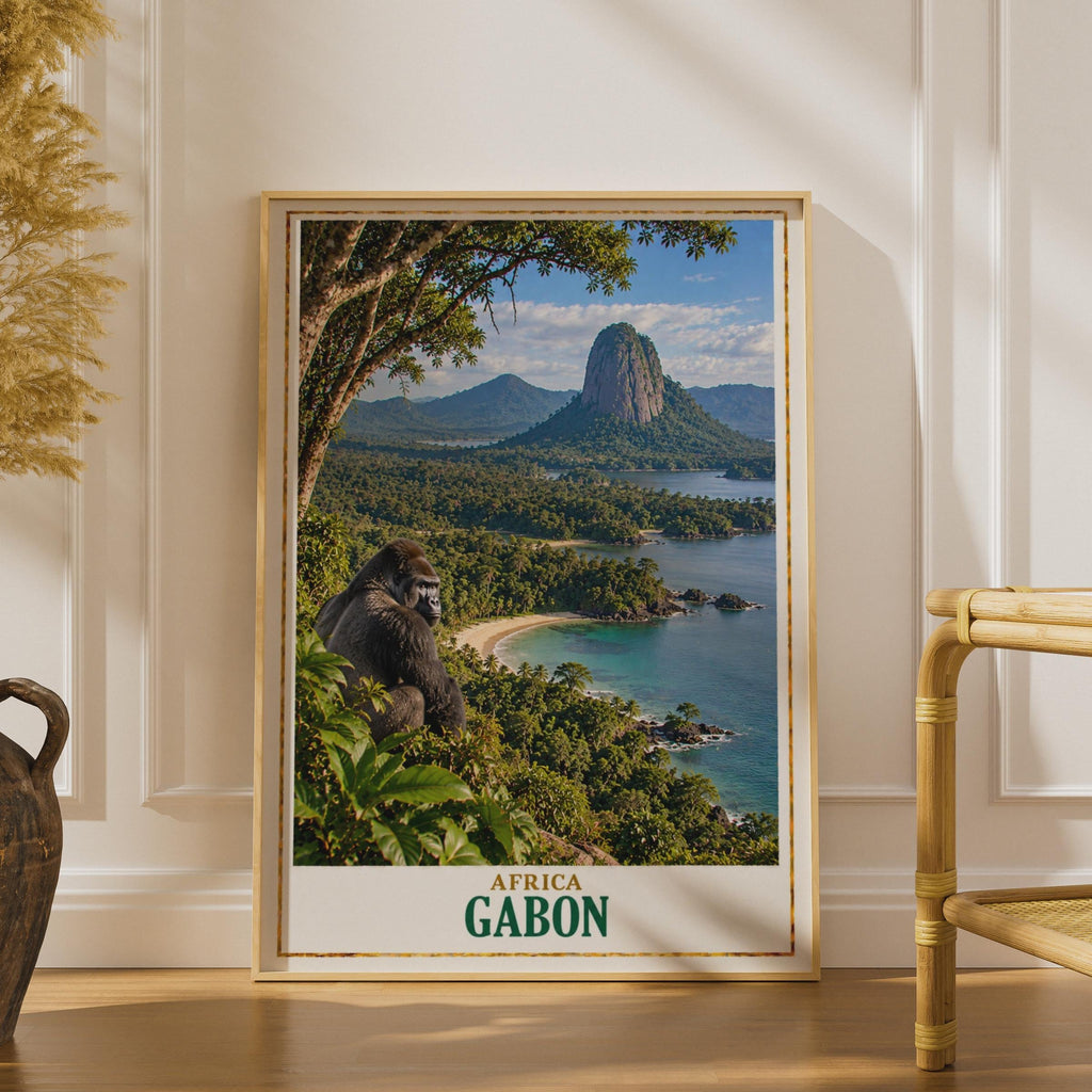 Gabon Travel Poster, Gorilla Rainforest Coastal Print, African Wildlife Decor
