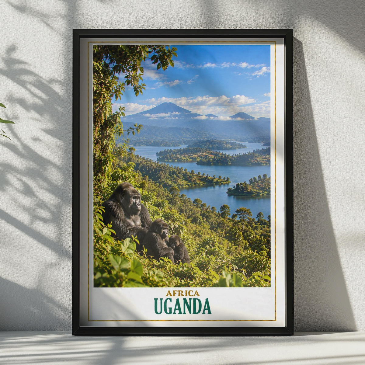 Uganda Travel Poster, Mountain Gorilla Lake Landscape, Wildlife Safari Art Print