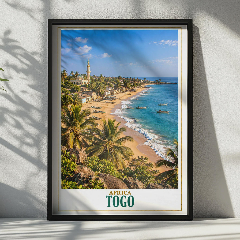 Togo West Africa Travel Poster, Coastal Beach, Mosque, Palm Trees, Fishing Boats (Printed Poster)