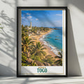 Togo West Africa Travel Poster, Coastal Beach, Mosque, Palm Trees, Fishing Boats (Printed Poster)