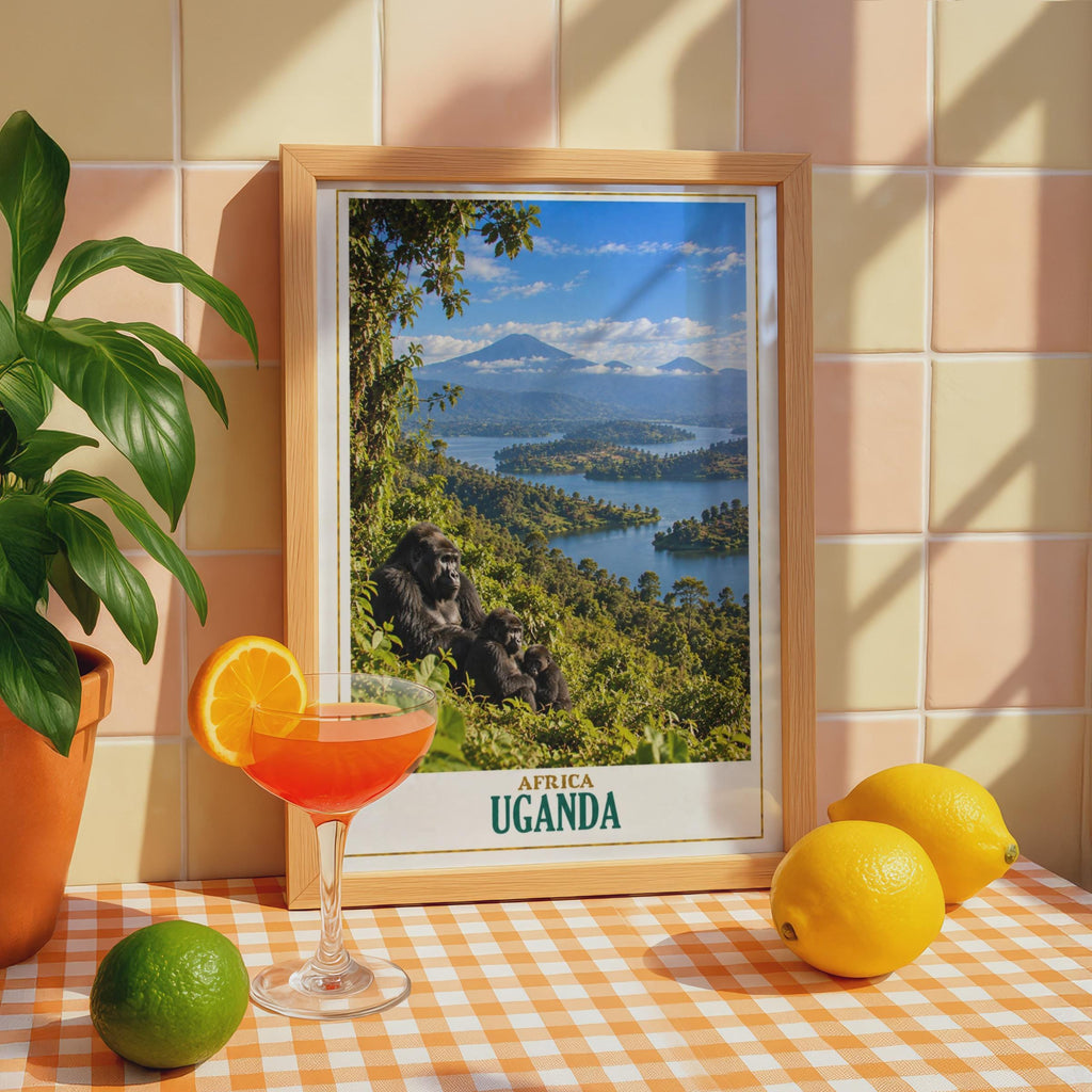 Uganda Travel Poster, Mountain Gorilla Lake Landscape, Wildlife Safari Art Print