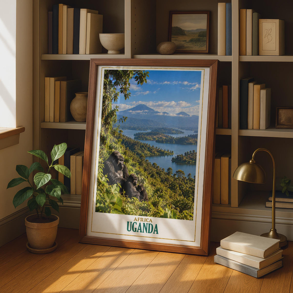 Uganda Travel Poster, Mountain Gorilla Lake Landscape, Wildlife Safari Art Print