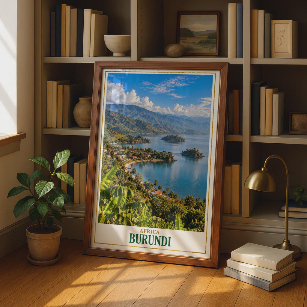 Burundi Lake Tanganyika Travel Poster, Tropical Landscape Print, East African Scenic Wall Art