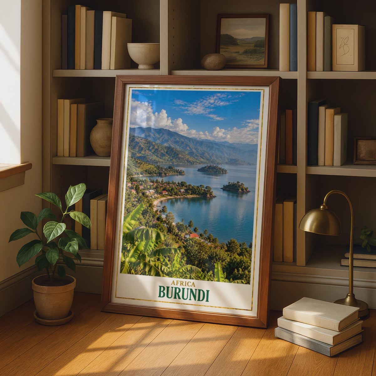 Burundi Lake Tanganyika Travel Poster, Tropical Landscape Print, East African Scenic Wall Art
