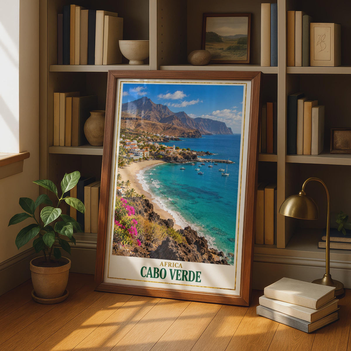 Cabo Verde Travel Poster, Cape Verde Africa Wall Art, Tropical Beach Print, Coastal Harbour Scene, Turquoise Ocean Print