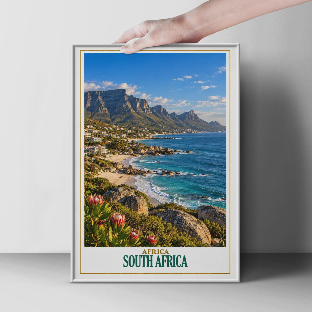 South Africa Travel Poster, Cape Town Table Mountain, Clifton Beach, Protea Flower (Printed Poster)