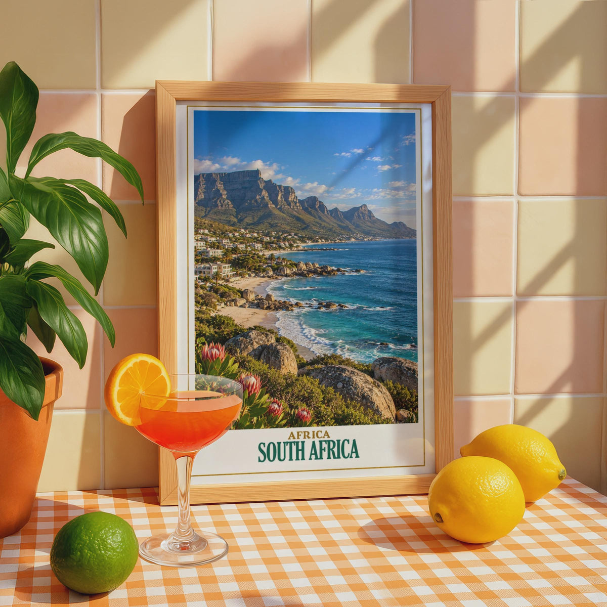 South Africa Travel Poster, Cape Town Table Mountain, Clifton Beach, Protea Flower (Printed Poster)