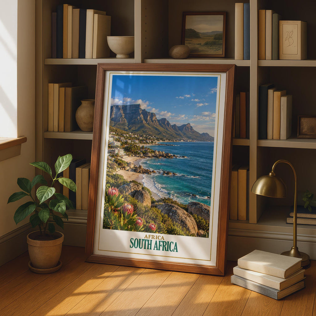 South Africa Travel Poster, Cape Town Table Mountain, Clifton Beach, Protea Flower (Printed Poster)