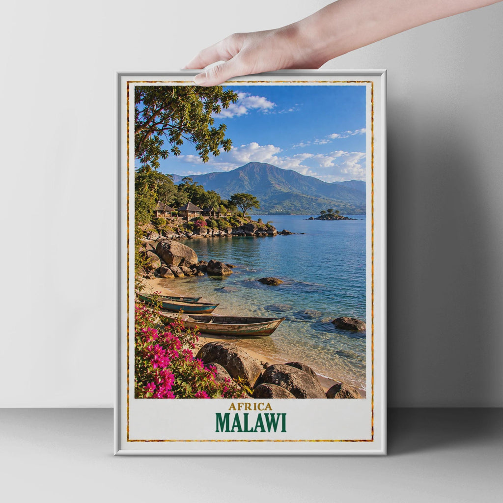 Vintage Style Malawi Travel Poster, Lake Malawi Africa Wall Art, Tropical Lakeside Print