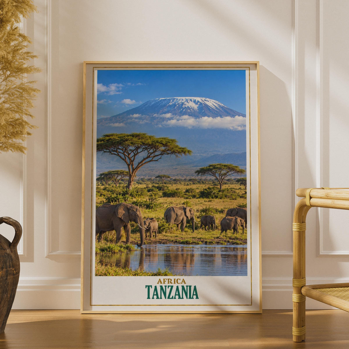 Tanzania Safari Poster, Elephant Herd, Kilimanjaro, Acacia Trees (Printed Wall Art)