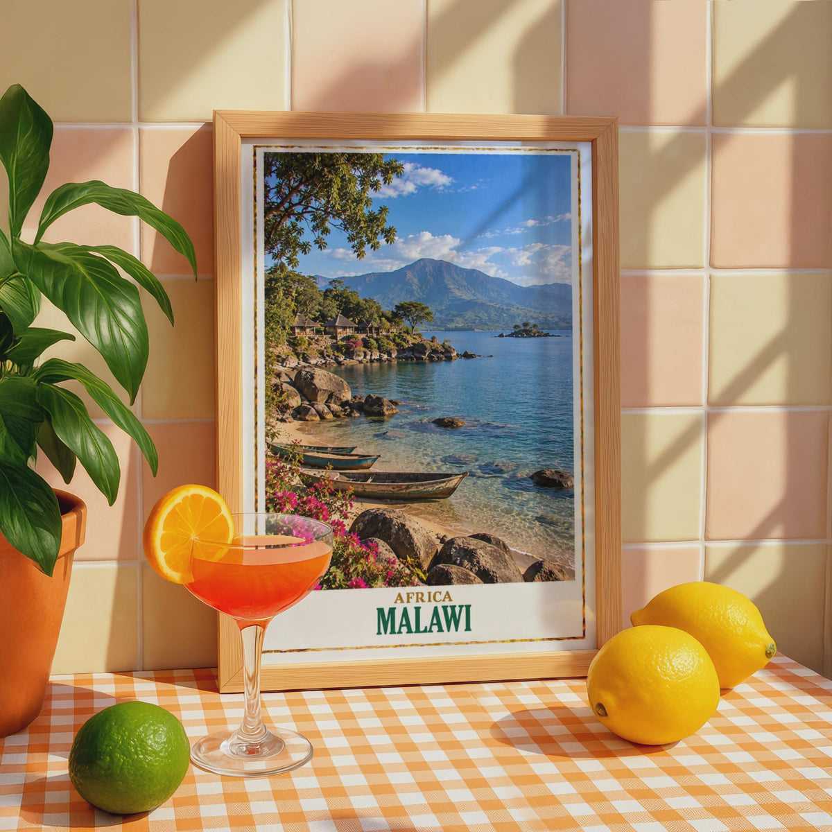 Vintage Style Malawi Travel Poster, Lake Malawi Africa Wall Art, Tropical Lakeside Print