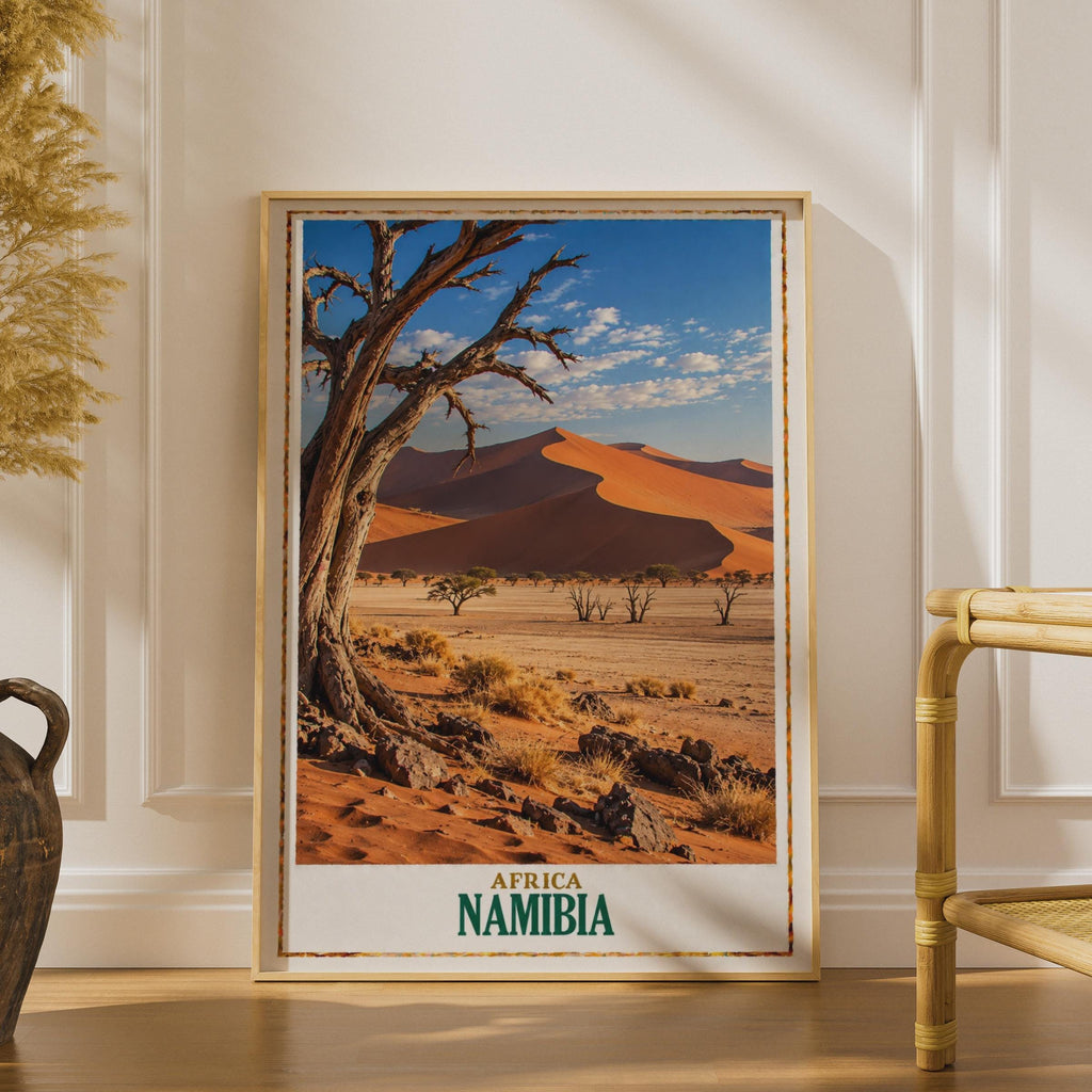 Namibia Africa Travel Poster, Sossusvlei Desert Sand Dunes Wall Art, African Landscape Print, Namib Desert Home Decor, Red Du
