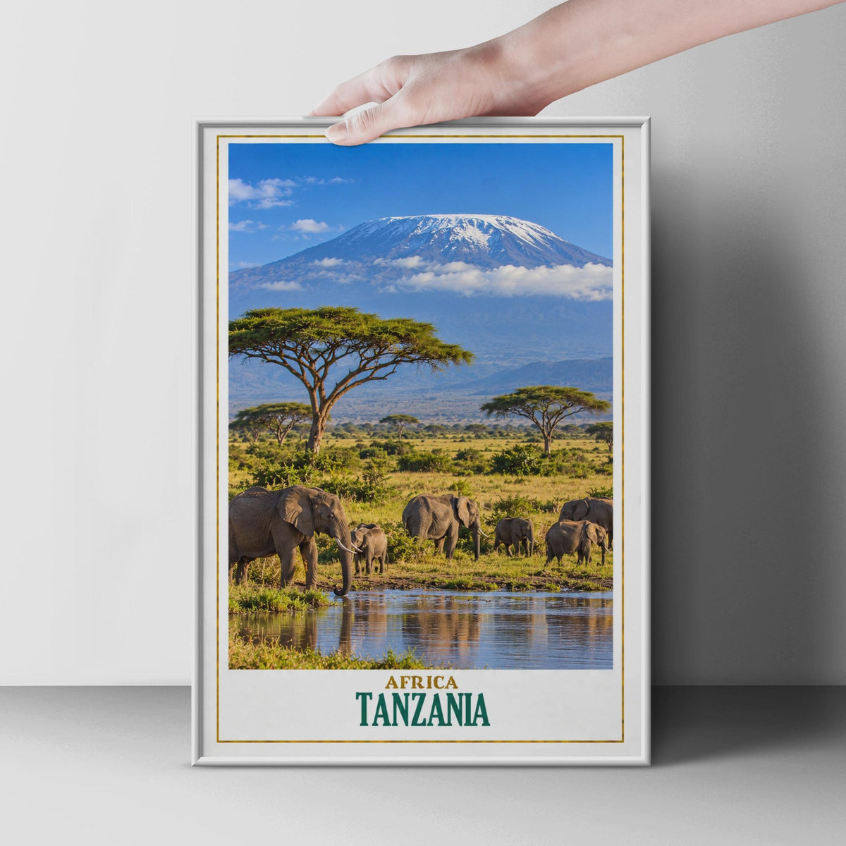 Tanzania Safari Poster, Elephant Herd, Kilimanjaro, Acacia Trees (Printed Wall Art)