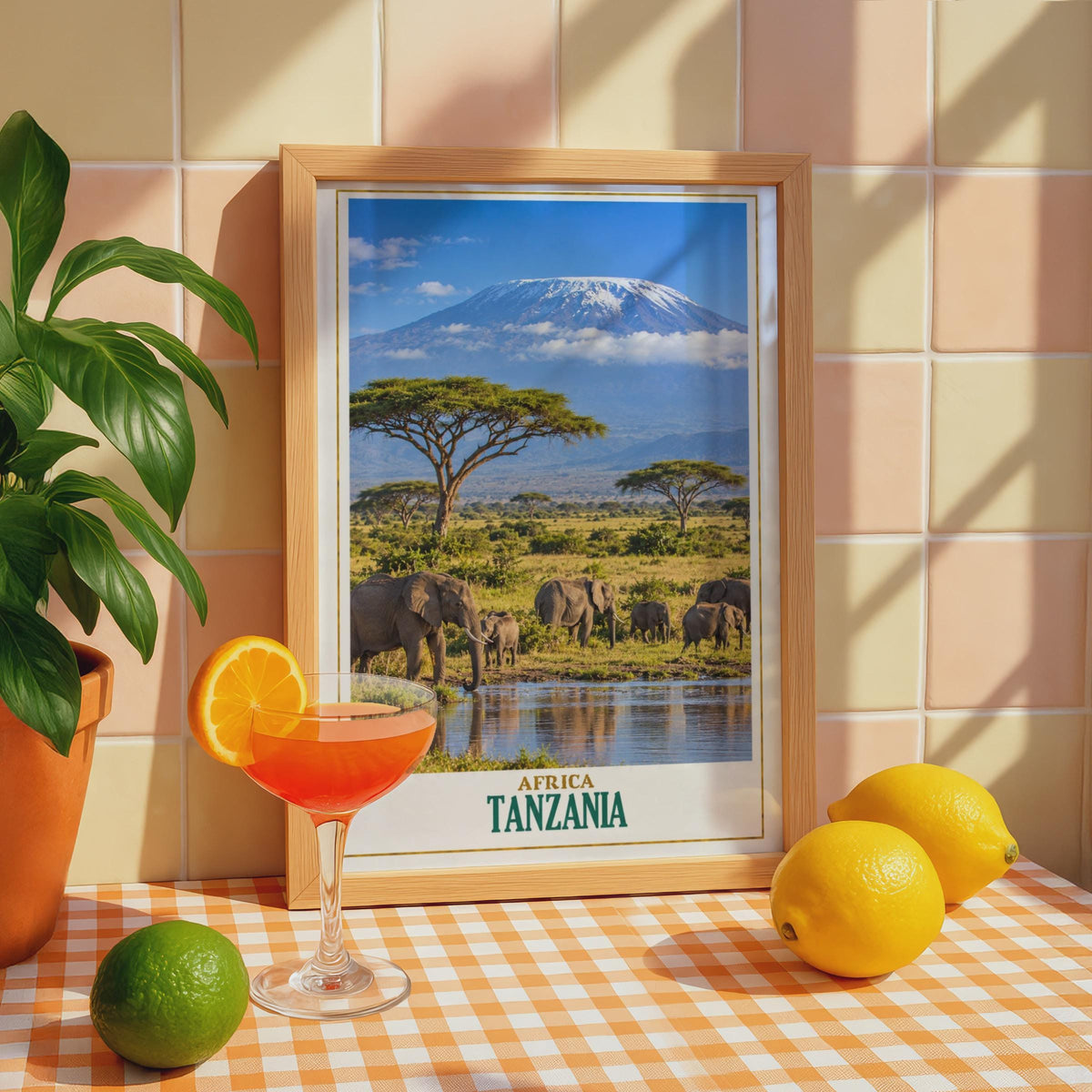 Tanzania Safari Poster, Elephant Herd, Kilimanjaro, Acacia Trees (Printed Wall Art)