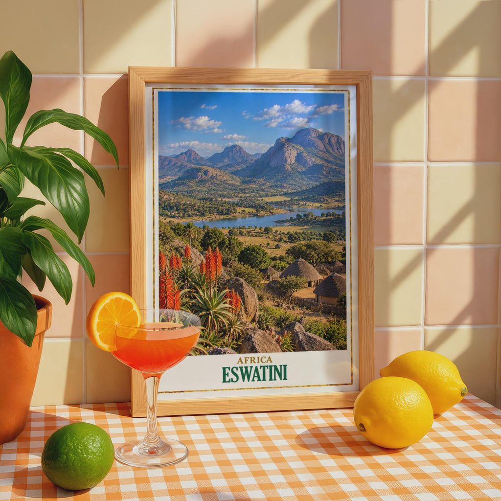 Eswatini Travel Poster, African Landscape, Swazi Village, Aloe Vera, Thatched Hut (Printed Poster)