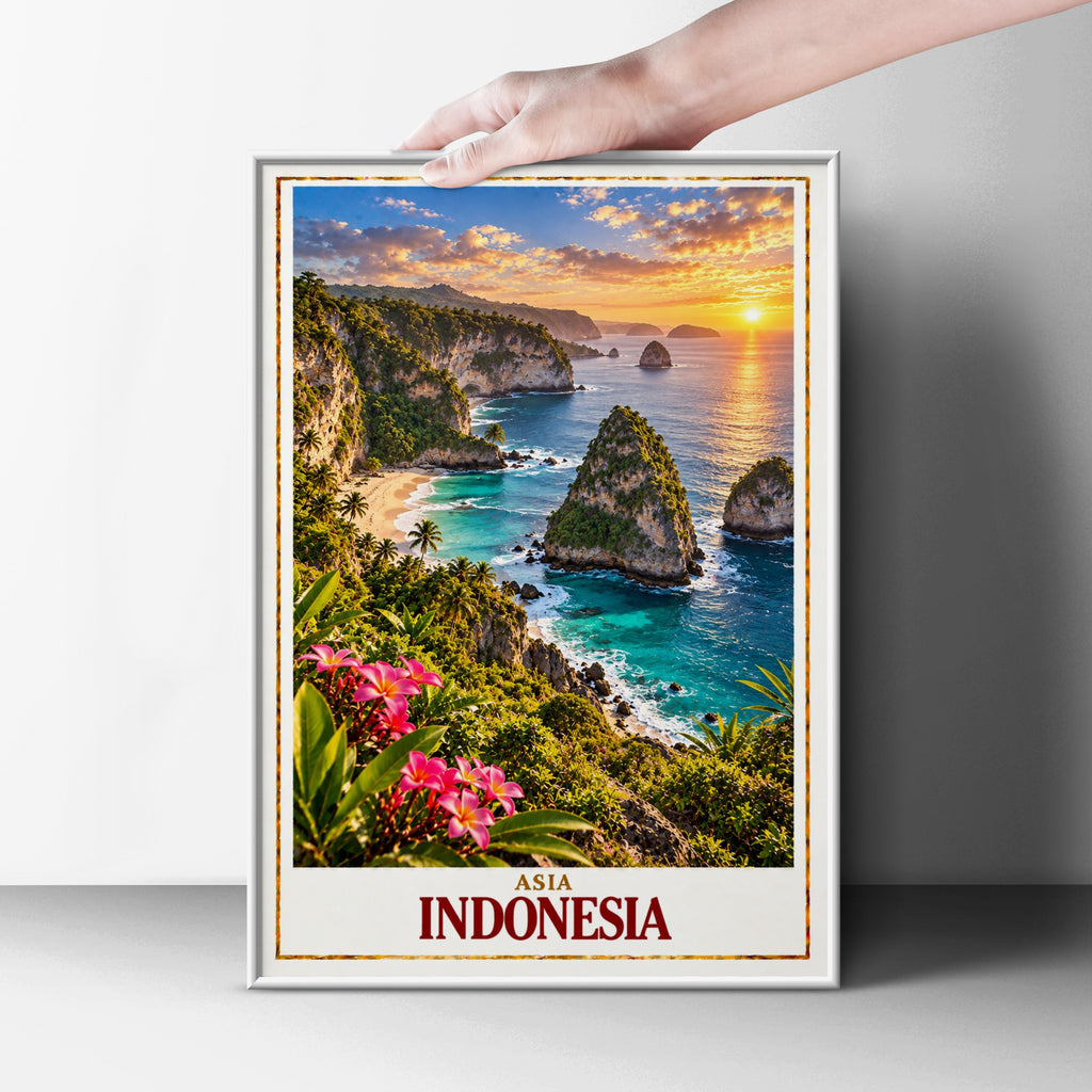 Indonesia Travel Poster, Tropical Island Sunset Wall Art, Bali Coastal Cliff Print, Turquoise Ocean Beach, Asia Travel Decor, Holiday Gift