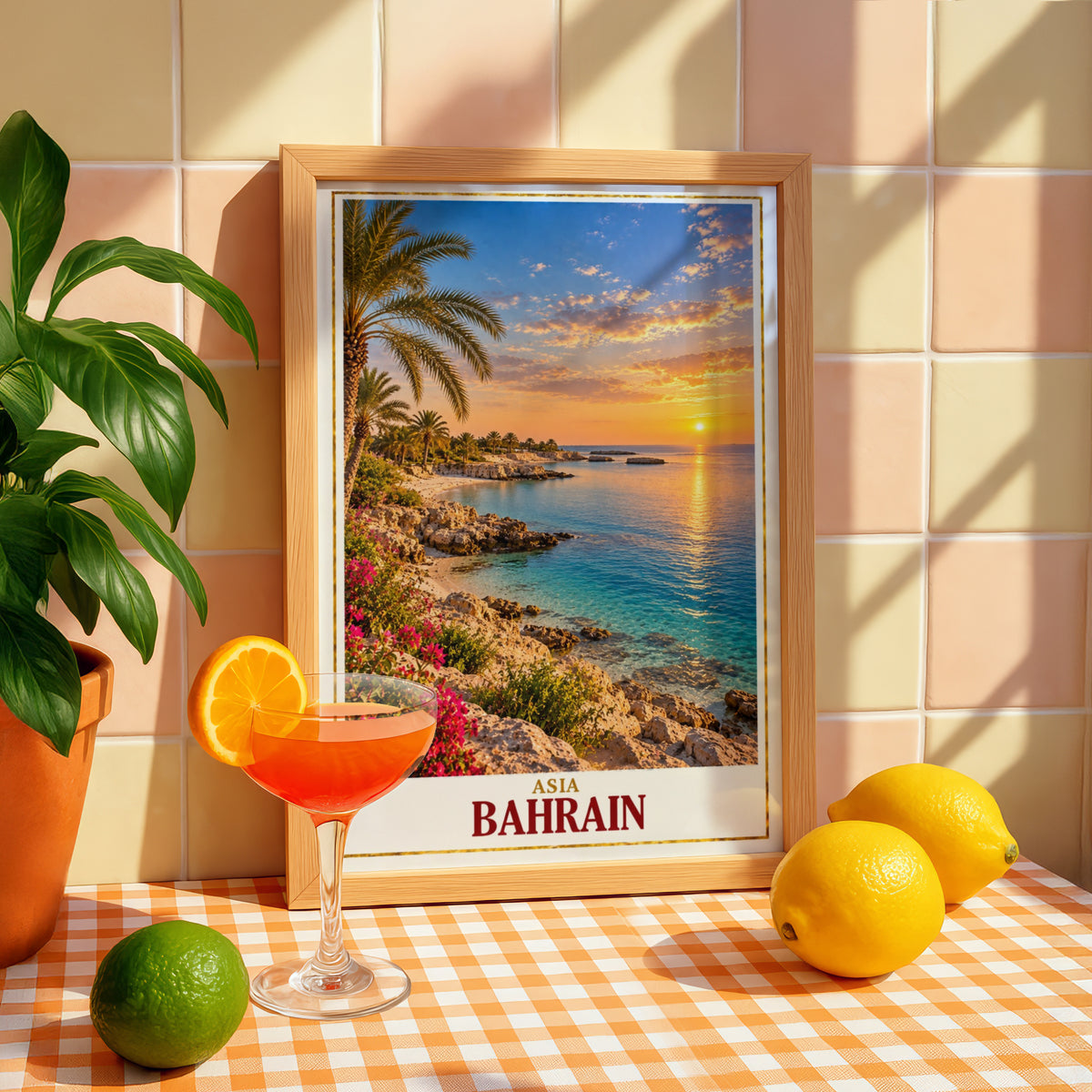Bahrain Travel Poster, Middle East Coastal Sunset Wall Art, Persian Gulf Palm Tree Print, Tropical Beach Decor, Asia Travel Gift