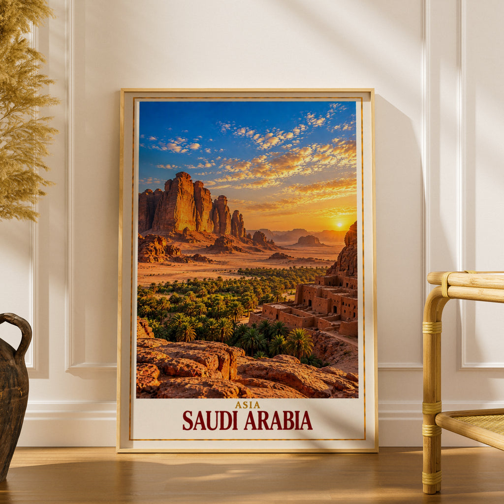 Saudi Arabia Travel Poster, AlUla Desert Landscape Wall Art, Middle East Sunset Print, Arabian Rock Formation, Ancient Ruins Home Decor