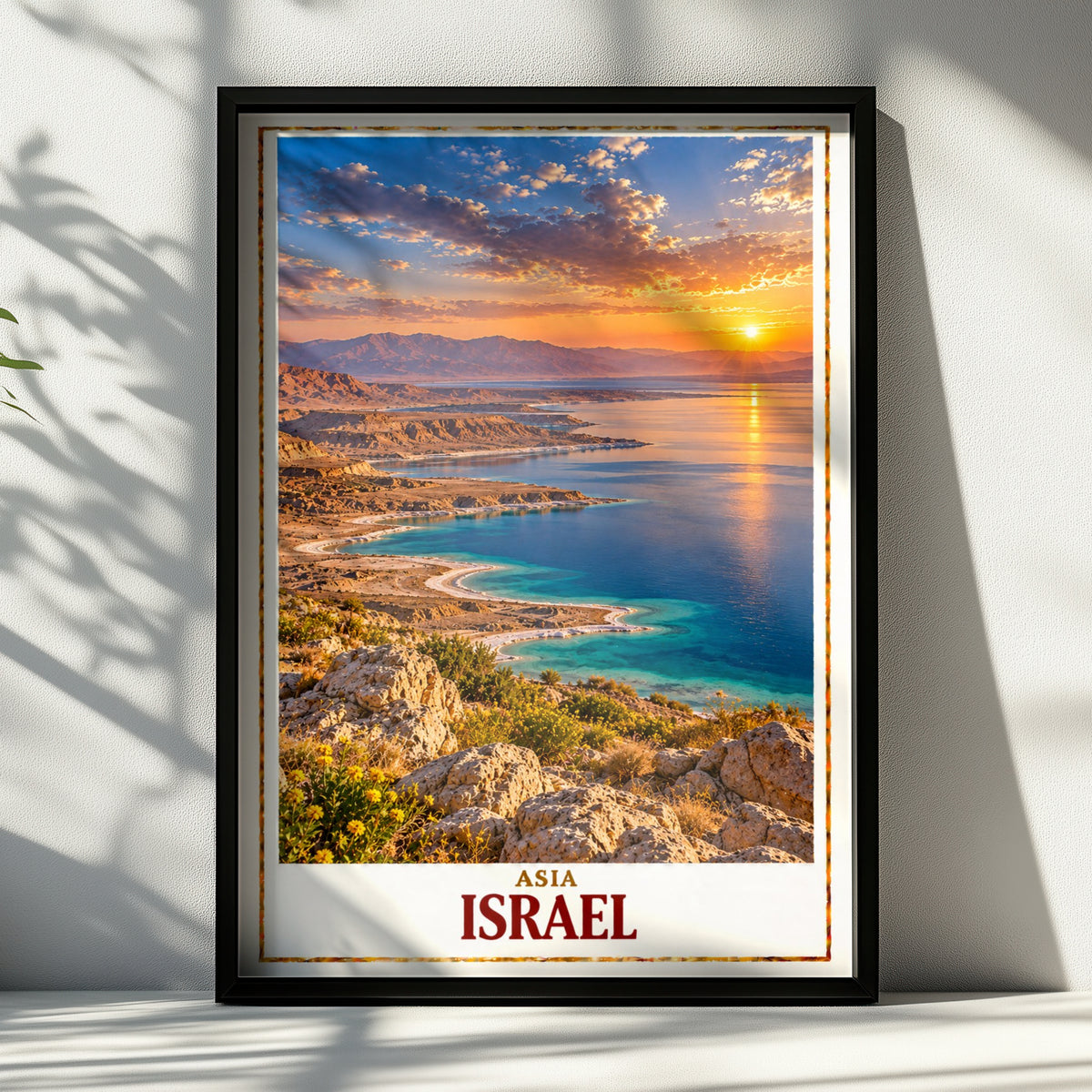 Israel Travel Poster, Dead Sea Sunset Wall Art, Middle East Landscape Print, Desert Coastline, Blue Water, Gift for Traveller, Home Decor