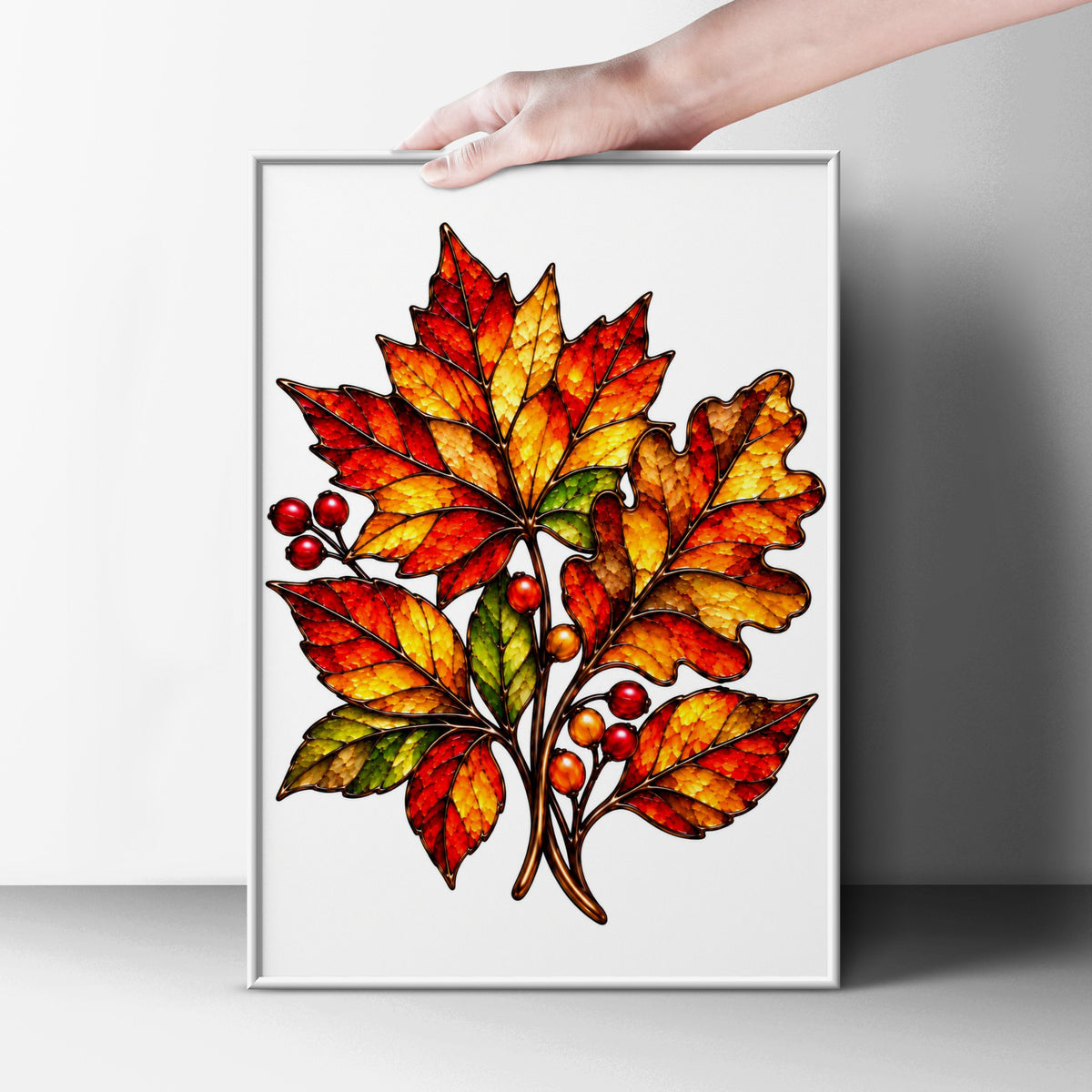 Autumn Leaves Stained Glass Style Poster, Fall Botanical Wall Art, Red Orange Gold Leaf Print, Seasonal Nature Decor, Living Room Art