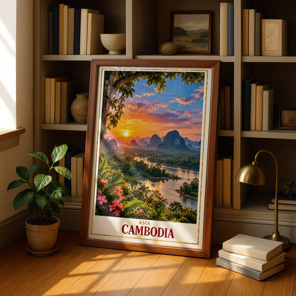 Cambodia Travel Poster, Southeast Asia Sunset River Landscape Print, Tropical Jungle Wall Art, Karst Mountains, Plumeria Flowers Decor