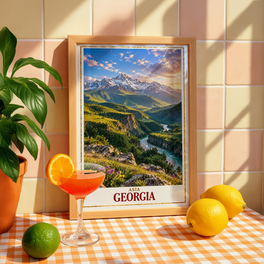 Georgia Travel Poster, Caucasus Mountain Wall Art, Scenic River Valley Print, Georgian Landscape, Adventure Home Decor, Wanderlust Gift