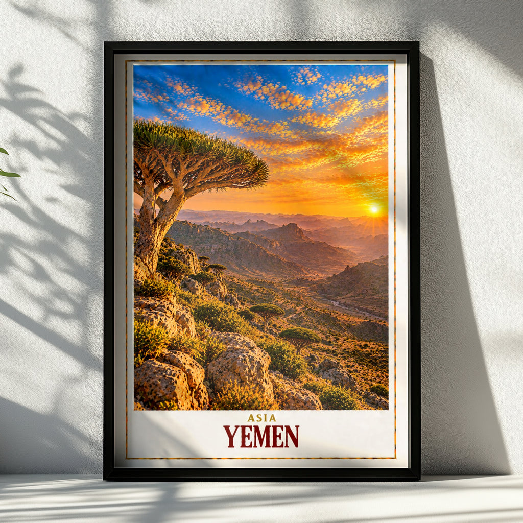 Yemen Travel Poster, Socotra Dragon Blood Tree Sunset Print, Middle East Wall Art, Arabian Landscape, Exotic Nature Decor, Asia Map Gift