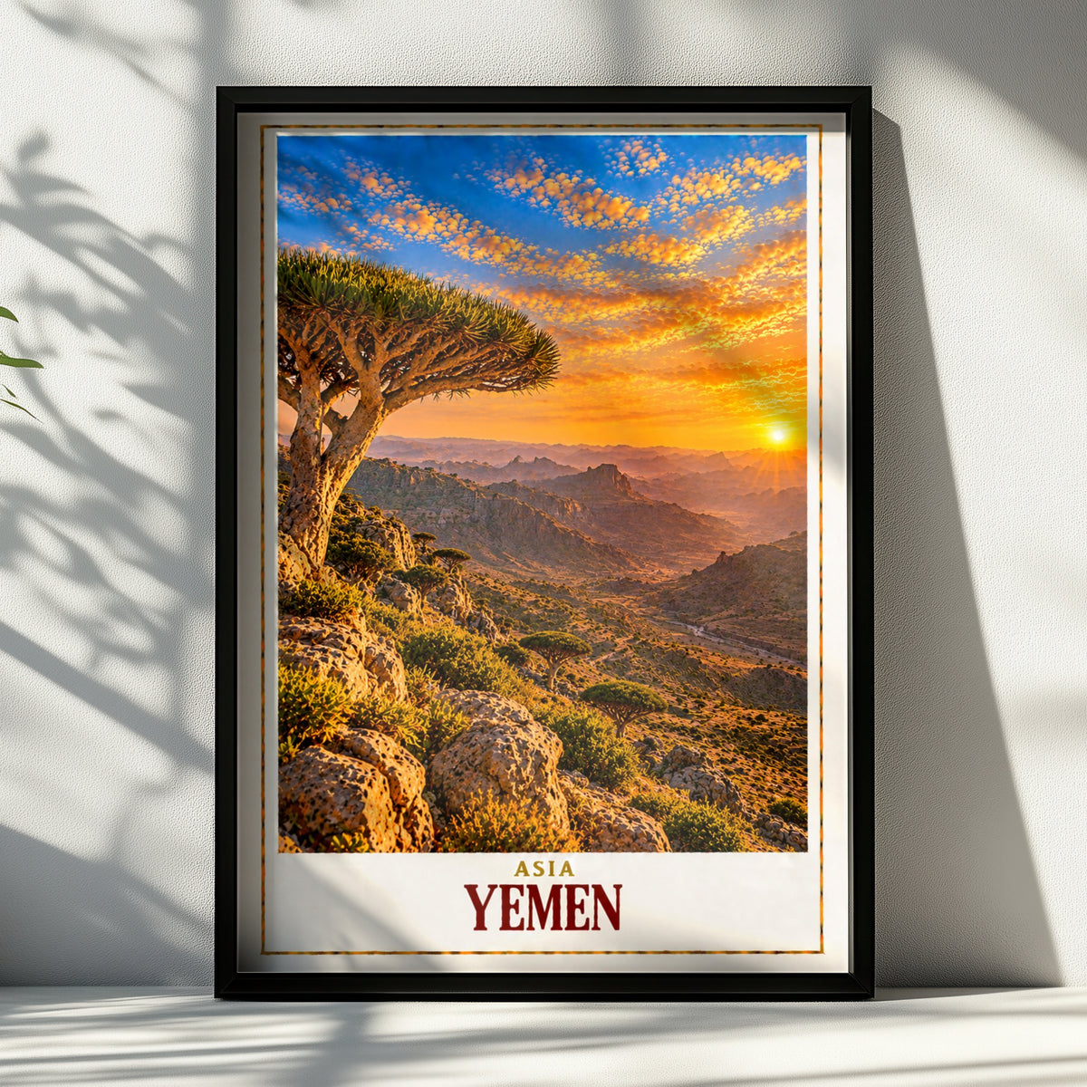 Yemen Travel Poster, Socotra Dragon Blood Tree Sunset Print, Middle East Wall Art, Arabian Landscape, Exotic Nature Decor, Asia Map Gift