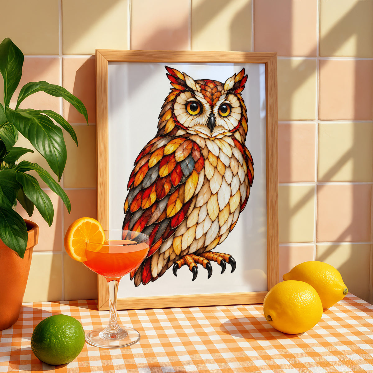 Stained Glass Owl Poster, Colourful Bird Wall Art, Orange Red Autumn Owl Print, Wildlife Decor, Bold Feather Art for Living Room or Study