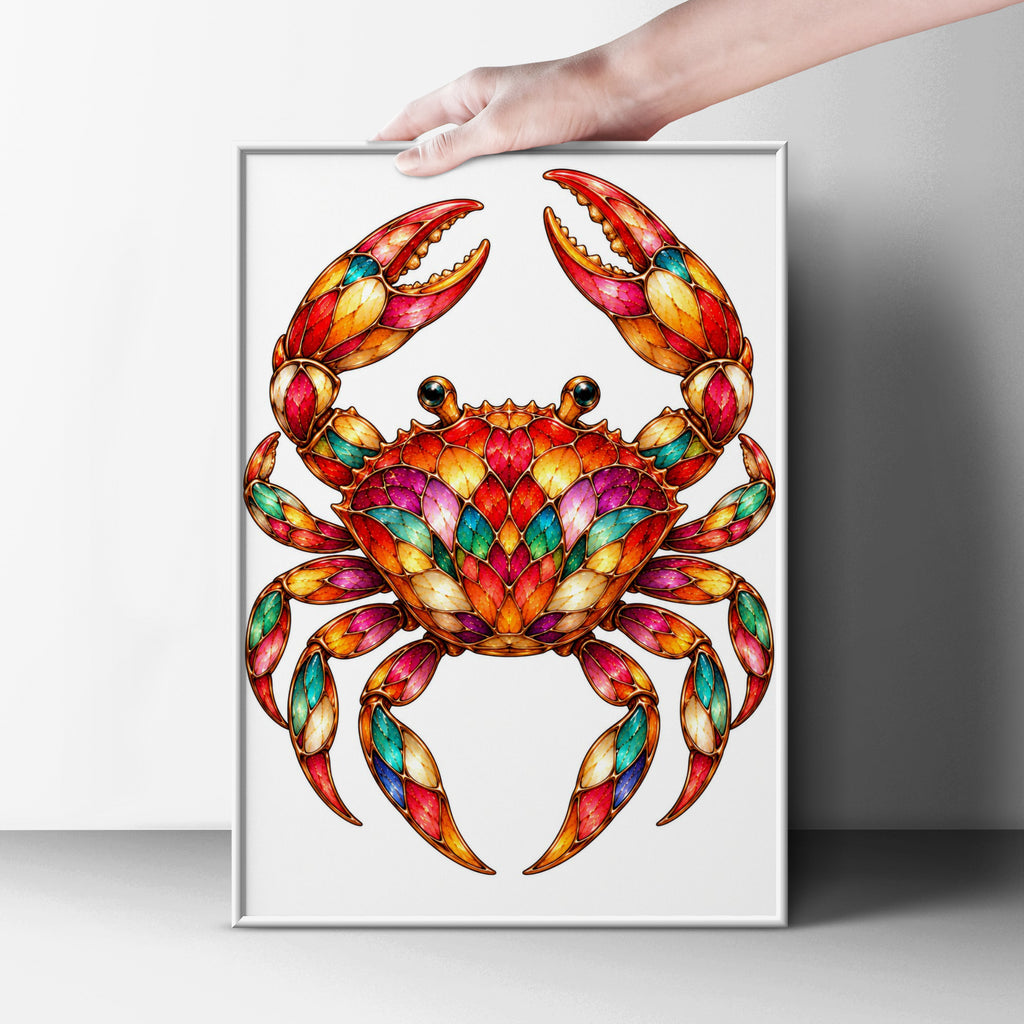 Colourful Crab Poster, Stained Glass Style Wall Art, Vibrant Ocean Print, Coastal Home Decor, Nautical Gift, Sea Life Art Print