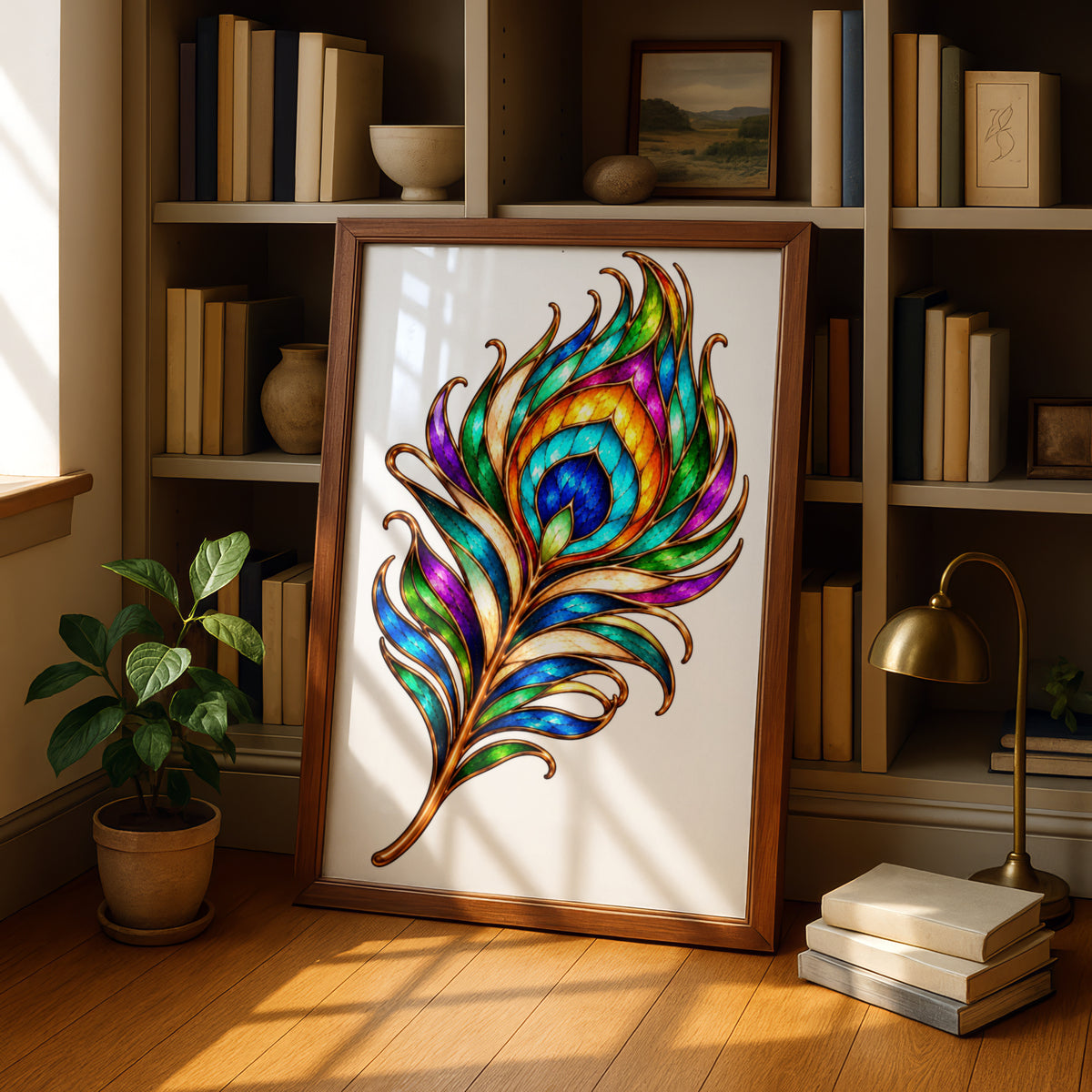Peacock Feather Poster, Stained Glass Style Wall Art, Colourful Boho Print, Jewel Tone Home Decor, Gold Art Nouveau Feather Print