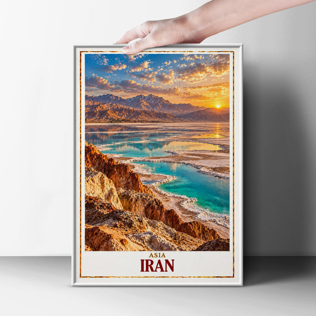 Iran Travel Poster, Salt Lake Sunset Landscape Print, Middle East Wall Art, Persian Nature Decor, Turquoise Desert Scenery, Asia Poster
